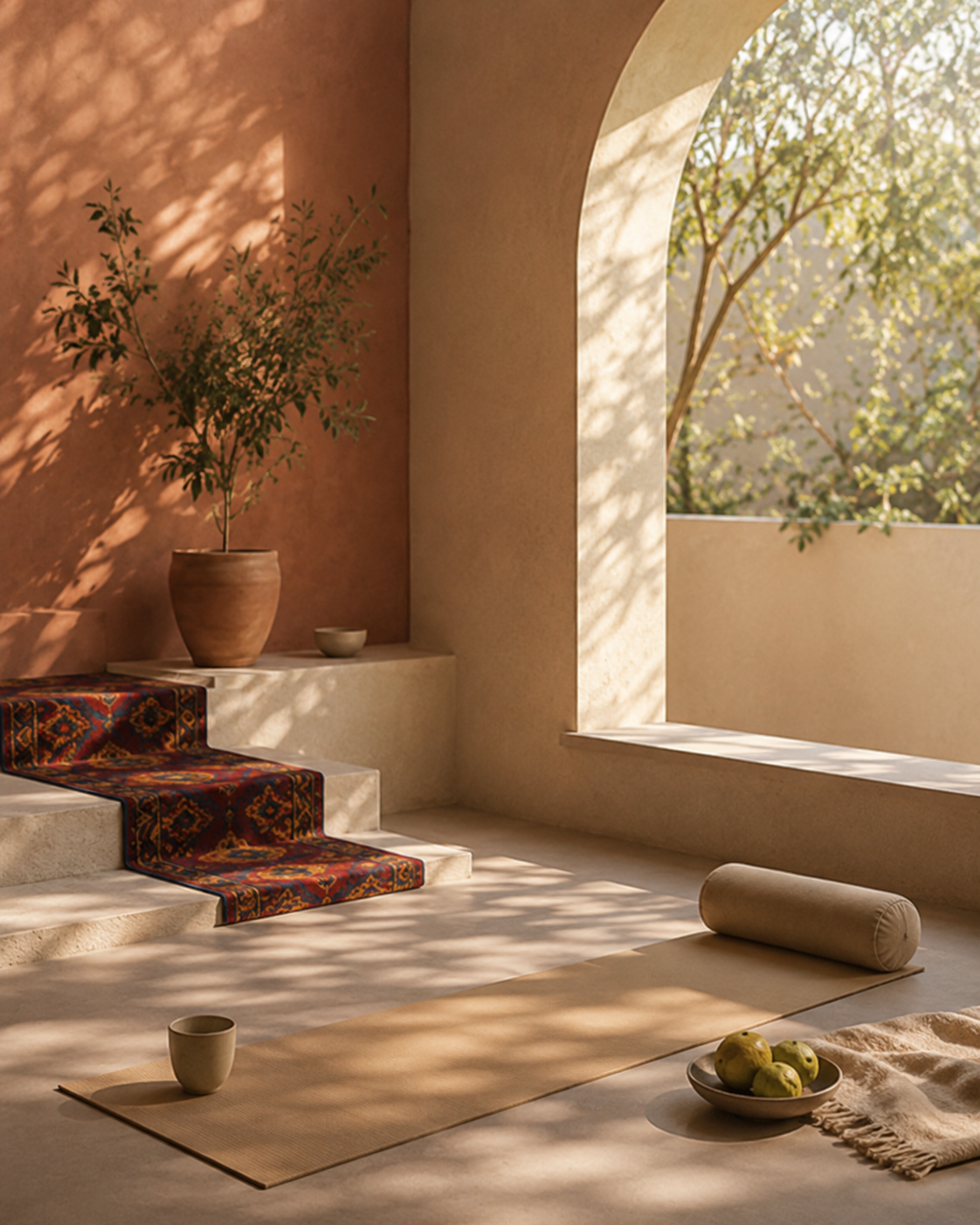Sunlit studio corner with an arched window